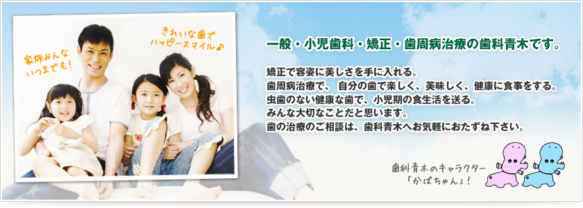 一般・小児歯科・矯正・歯周病治療の歯科青木です。矯正で容姿に美しさを手に入れる。
歯周病治療で、 自分の歯で楽しく、美味しく、健康に食事をする。虫歯のない健康な歯で、小児期の食生活を送る。みんな大切なことだと思います。歯の治療のご相談は、歯科青木へお気軽におたずね下さい。